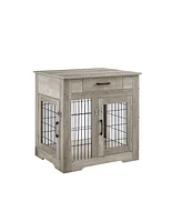 Simplie Fun Grey Dog Crate End Table With Drawer, Double Doors, 29.9" X 24.8" X 30.71"