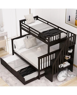 Simplie Fun Twin Over Full Bunk Bed With Twin Size Trundle, Storage And Guard Rail For Bedroom