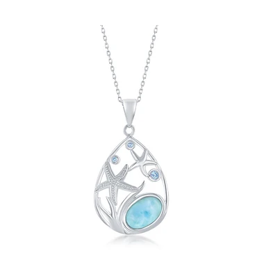 Caribbean Treasures Sterling Silver pear-Shaped Starfish Blue Cz and Larimar Pendant