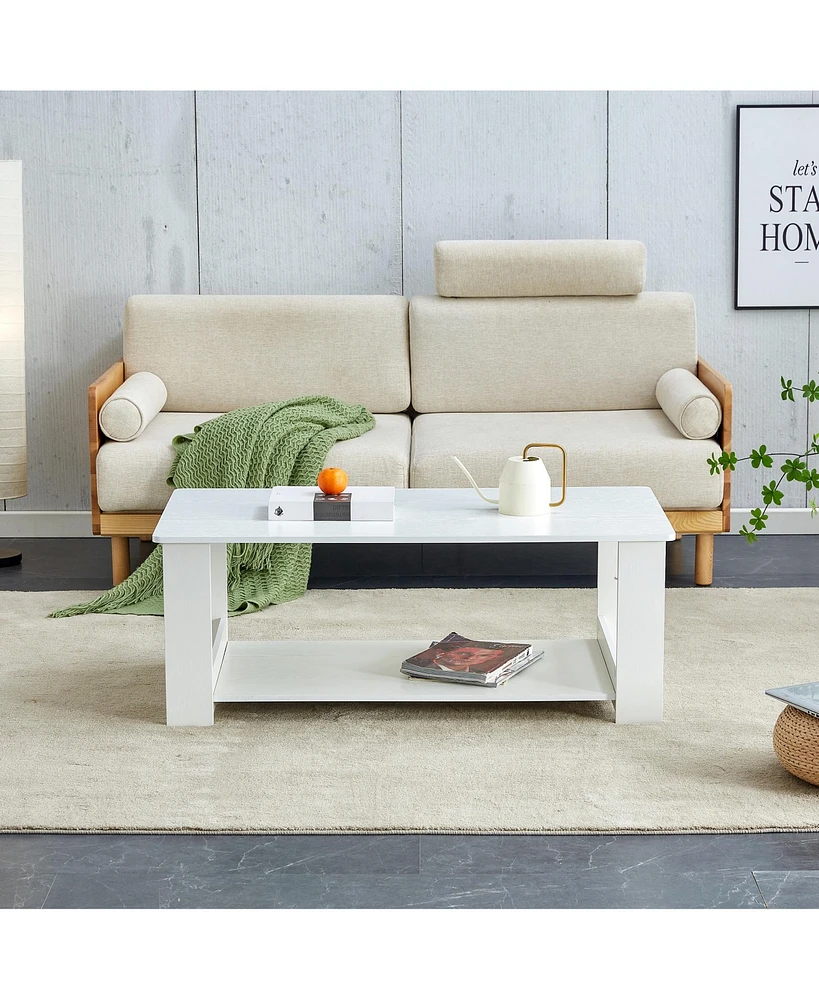 Modern, Practical White Double-Layered Coffee Table for Living Room, Bedroom, and Study (43" x 22" x 16.5")