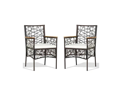 Slickblue 2 Pieces Pe Wicker Patio Bistro Dining Chairs with Acacia Wood Armrests and Cushions