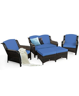 Costway 5PCS Patio Rattan Furniture Set Loveseat Sofa Ottoman