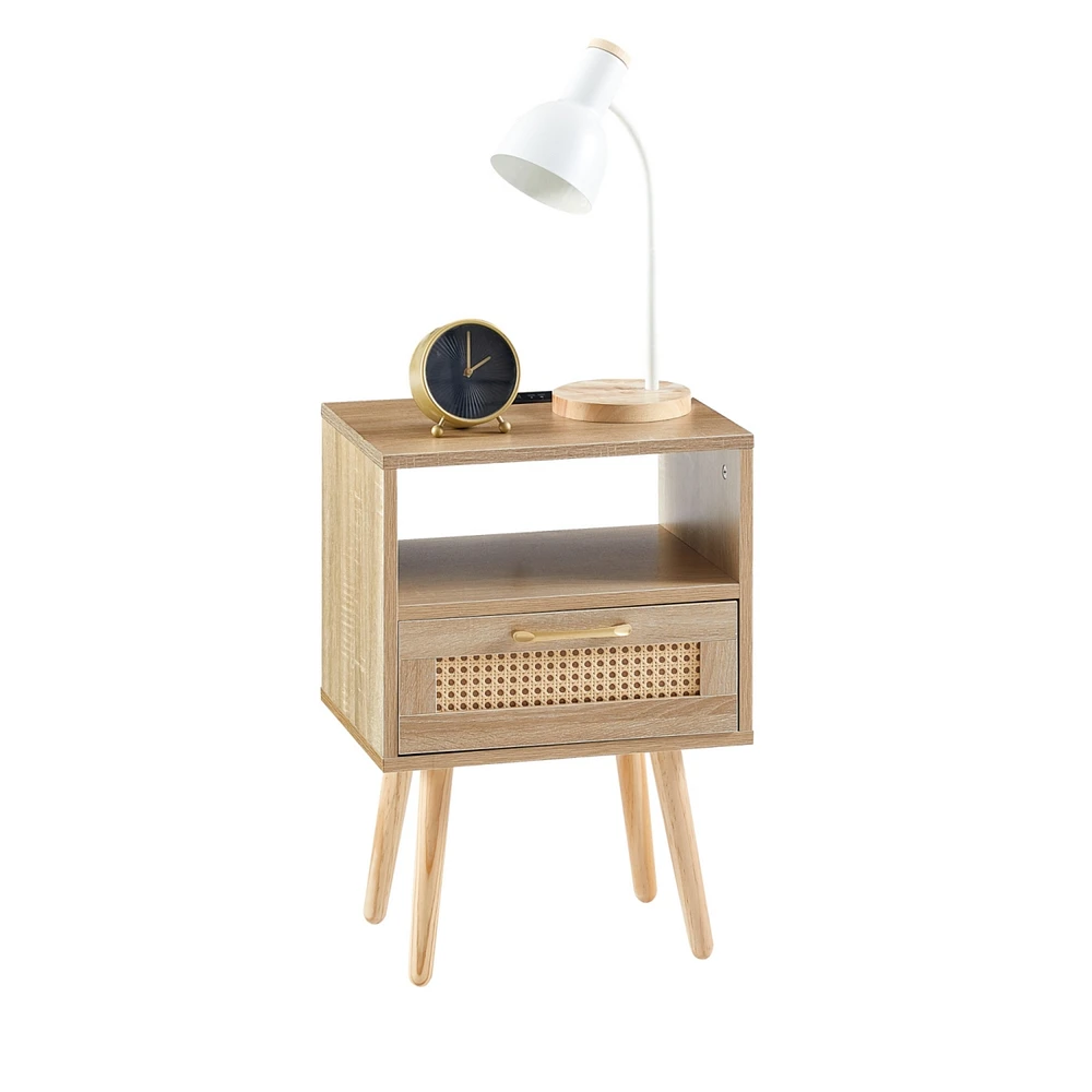 Streamdale Furniture Rattan End Table With Power Outlet & Usb Ports, Modern Nightstand With Drawer And Solid Wood