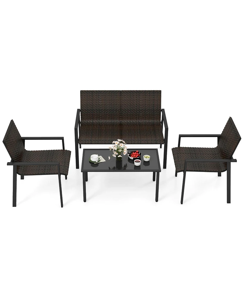 Gymax 4 Pcs Patio Furniture Set Heavy Duty Galvanized Metal Frame Wicker Table Black