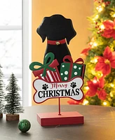 Glitzhome 15''H Christmas Metal Wooden Dog Gift Box Table Decor