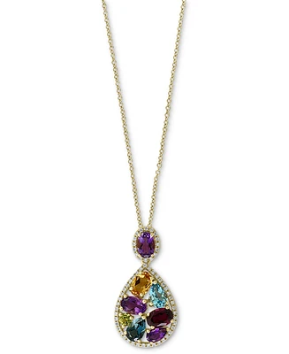 Effy Multi-Gemstone (3-3/4 ct. t.w.) & Diamond (1/4 ct. t.w.) Pear Halo 18" Pendant Necklace in 14k Gold