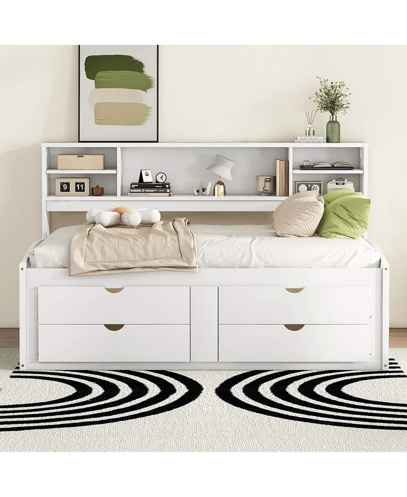 Simplie Fun Full Size Wood Daybed with 2 Bedside Cabinets, Upper Shelves and 4 Drawers, White