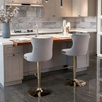 Set of 2 Gray Velvet Bar Stools, Adjustable Height