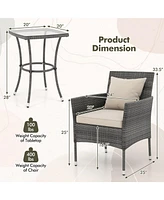 Gymax 3-Piece Patio Furniture Set Pe Wicker Conversation Bistro Set w/ A Tempered Glass Table