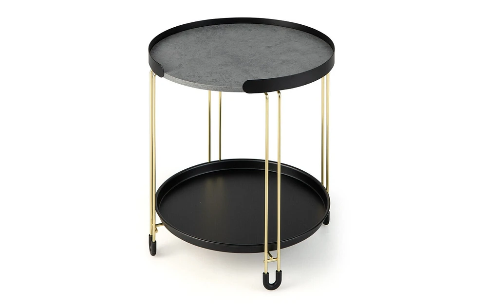 Slickblue 2-Tier Round Side Table with Removable Tray and Metal Frame for Small Space-Golden