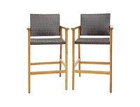 Slickblue Set of 2 Pe Wicker Patio Bar Chairs with Acacia Wood Armrests-Set of 2