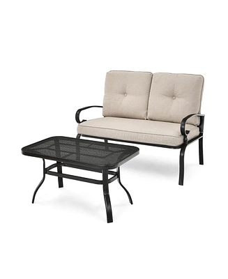 Slickblue 2 Pieces Patio Loveseat Bench Table Furniture Set with Cushioned Chair