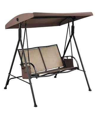 Slickblue 2-Person Patio Swing with Adjustable Canopy and 2 Storage Pocket-Brown