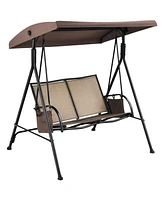 Slickblue 2-Person Patio Swing with Adjustable Canopy and 2 Storage Pocket-Brown