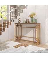 Slickblue Modern Console Table with Geometric Frame and Faux Marble Tabletop-White