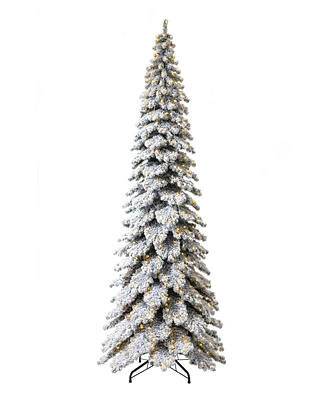 Glitzhome 12ft Pre Lit Flocked Layered Slim Spruce Artificial Christmas Tree with 900 Warm White Lights, Three Function, Simple Setup