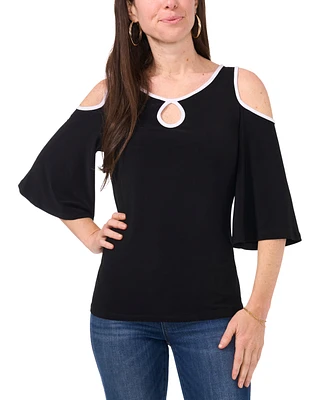 Sam & Jess Petite Keyhole Cold-Shoulder Trimmed Top