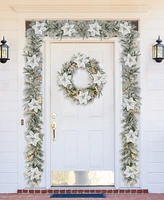 Glitzhome Set of 2 9ft Pre Lit Snow Flocked Greenery Pine Poinsettia Christmas Garland, with 50 Warm White Lights with Timer, Three Function