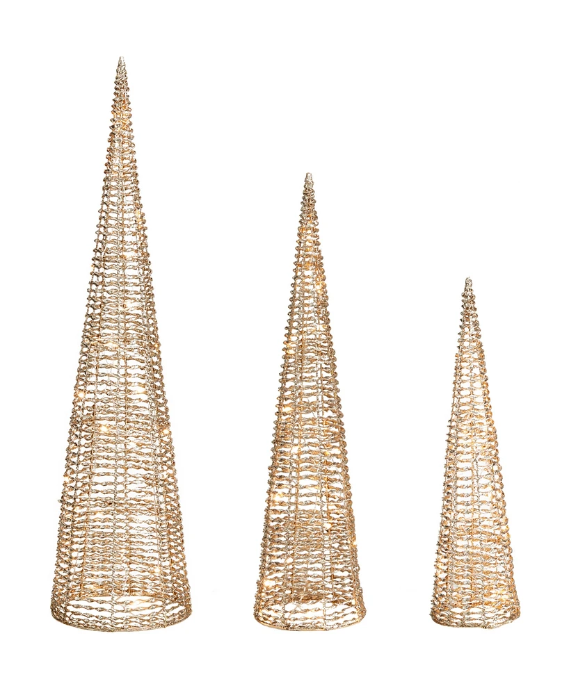 Glitzhome Set of 3 Lighted Christmas Plastic Champagne Gold Cone Tree with 65 Warm White Light Emitting Diode Lights