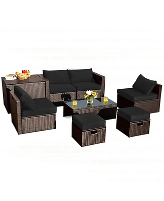 Costway 8PCS Patio Rattan Furniture Set Space-Saving Storage Cushion