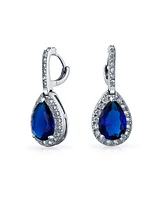 Bling Jewelry Classic Pear Shape Solitaire Teardrop Halo Cz Royal Blue Pendant Necklace Matching Drop Earrings Jewelry Set Rhodium Plated