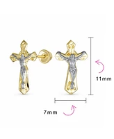 Bling Jewelry Tiny Minimalist Christian Religious Jesus Gold Crucifix CrossTwo Tone Yellow 14K Gold Stud Earring For Women Safety Screw Back - Two