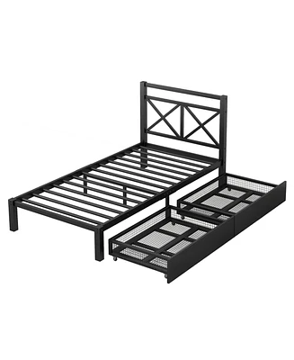 Simplie Fun Metal Platform Bed With 2 Drawers, Twin