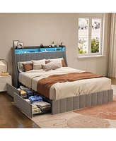 Streamdale Furniture Light Grey Bed Frame with Led and Storage Drawers