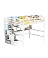 Full Size Loft Bed With Built-In Desk, Bookshelves And Storage Staircase, White