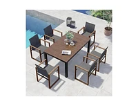 Mondawe 7 Piece Outdoor Dining and Chair Set, Patio Furniture Set in Duisburg Faux Wood Grain, Powder Coated Aluminum Frame