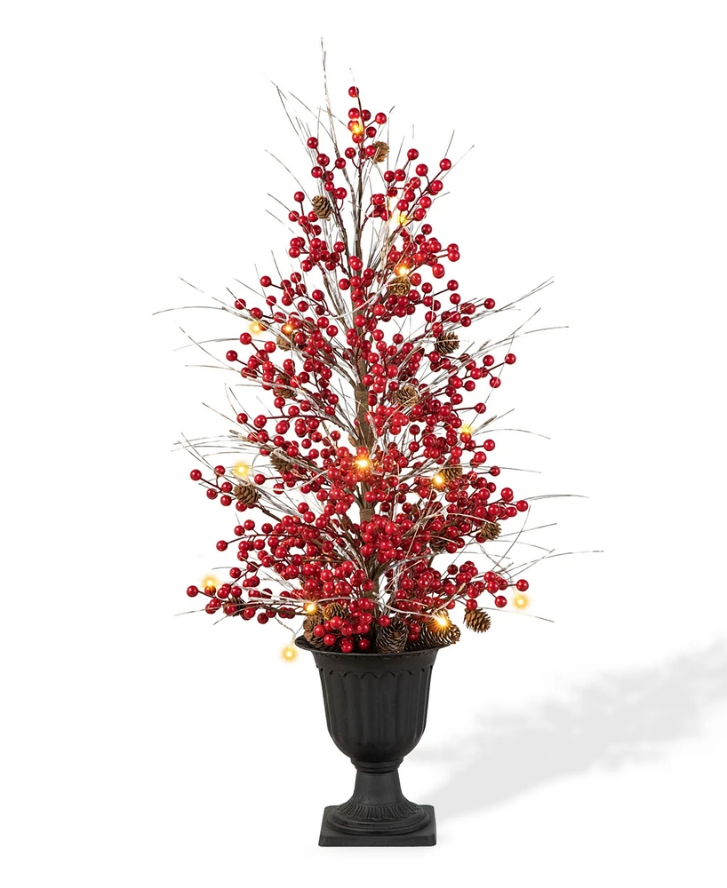 Glitzhome 36 H Christmas Lighted Berry and Pine Cone Urn Porch Tree, 20 Warm White Lights with timer