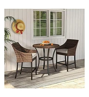 Mondawe 3-Piece Pe Rattan Wicker Patio Conversation Set Outdoor High Bar Chairs and Bistro Table with Gray Cushion