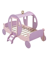 Simplie Fun Twin Size Princess Carriage Bed With Crown, Wood Platform Car Bed With Stair