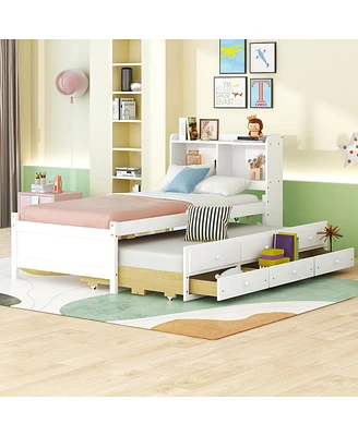 Simplie Fun Twin Bed with Usb, Bookcase, Trundle, & Storage