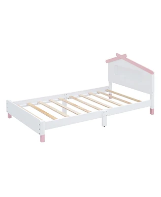 Simplie Fun Wood Twin Platform Bed with House Headboard & Night Lights (White+Pink)