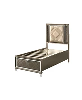 Simplie Fun Skylar Twin Bed with Storage, Led, Pu & Dark Champagne