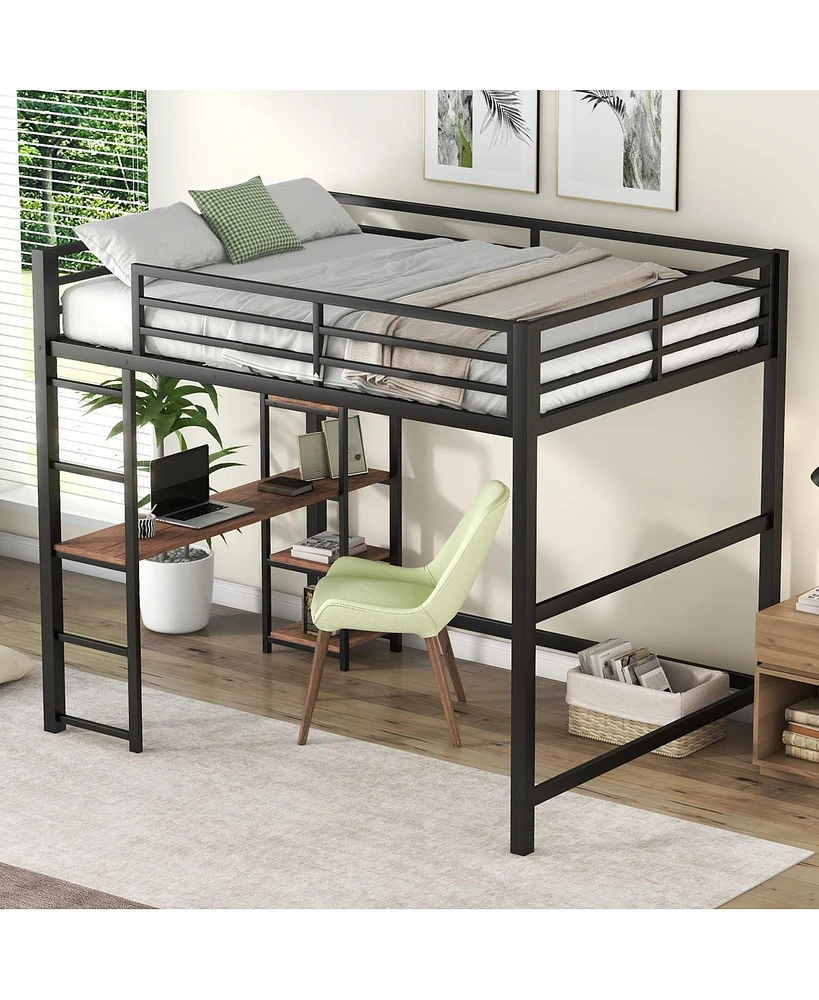 Simplie Fun Full Size Metal Loft Bed With Built-In Desk And Storage Shelves