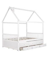 Simplie Fun Full Size Wooden House Bed With Trundle And 3 Storage Drawers