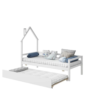 Simplie Fun Twin Wooden Daybed With Trundle, Twin House-Shaped Headboard Bed With Guardrails, White