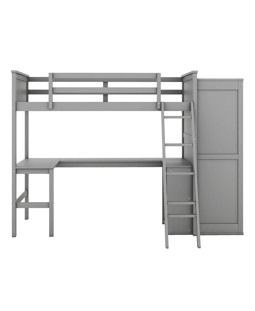 Simplie Fun Twin Size Loft Bed With Desk, Shelves And Wardrobe