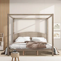 King Size Canopy Platform Bed With Headboard And Support Legs, Wash