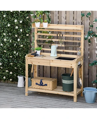 Simplie Fun Spacious Potting Table with Sink, Storage, and Sturdy Fir Wood Construction