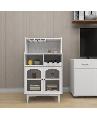 Living Room White Wine Cabinet With Removable Wine Rack And Wine Glass Rack, A Glass Door Cabinet