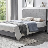 Queen Size Upholstered Platform Bed Frame, Wood Slat Support, Easy Assembly, Grey