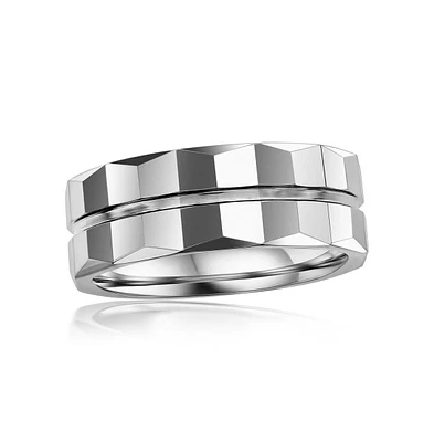 Metallo High Polished Lined Faceted Tungsten Ring