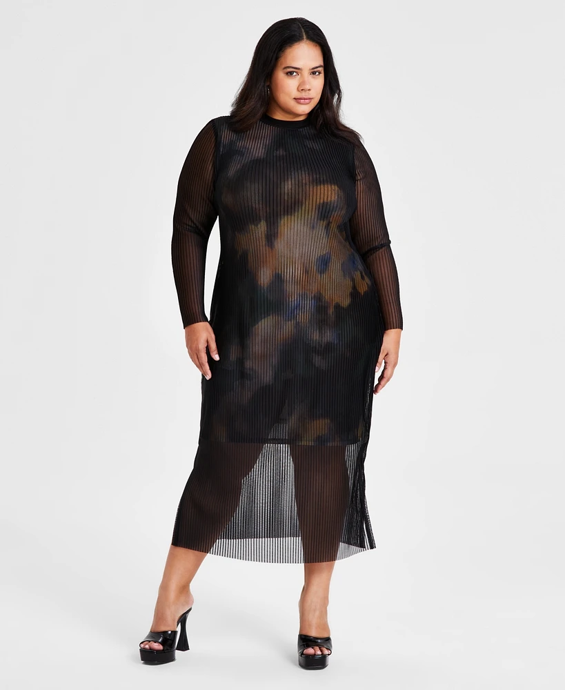 Bar Iii Trendy Plus Mesh-Overlay Long-Sleeve Dress