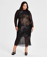 Bar Iii Trendy Plus Mesh-Overlay Long-Sleeve Dress