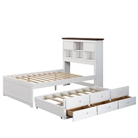 Solid Pine Captain Bookcase Bed With Trundle Bed And 3 Spacious Under Bed Drawers, Full