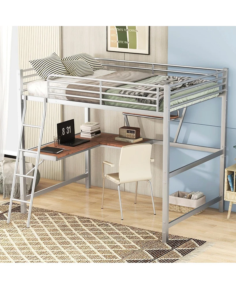 Simplie Fun Full Size Loft Metal&Mdf Bed With Desk And Shelf, Silver