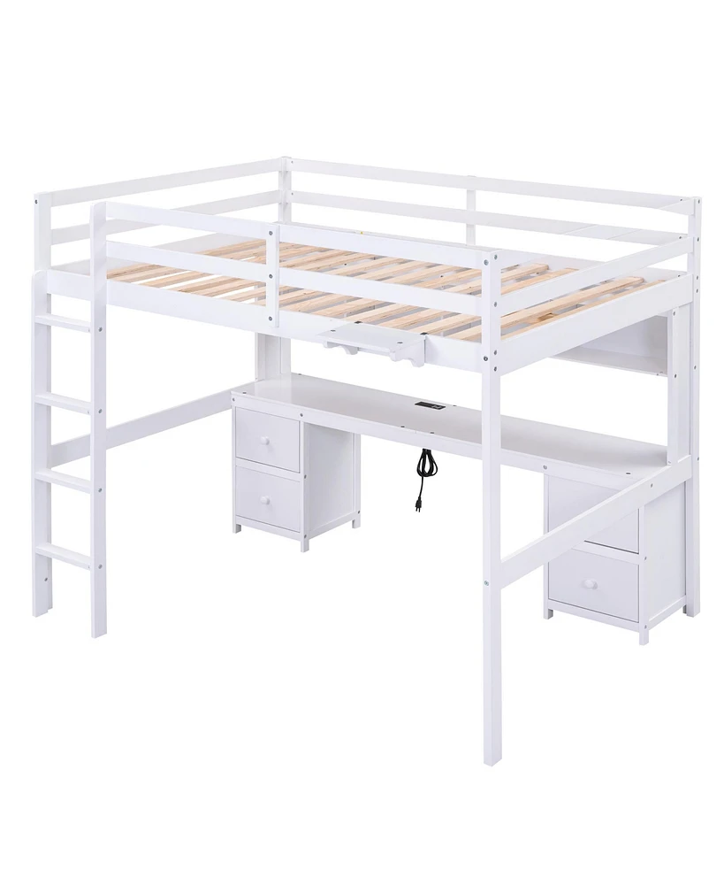 Simplie Fun Full Size Loft Bed With Desk, Cabinets, Drawers And Bedside Tray, Charging Station